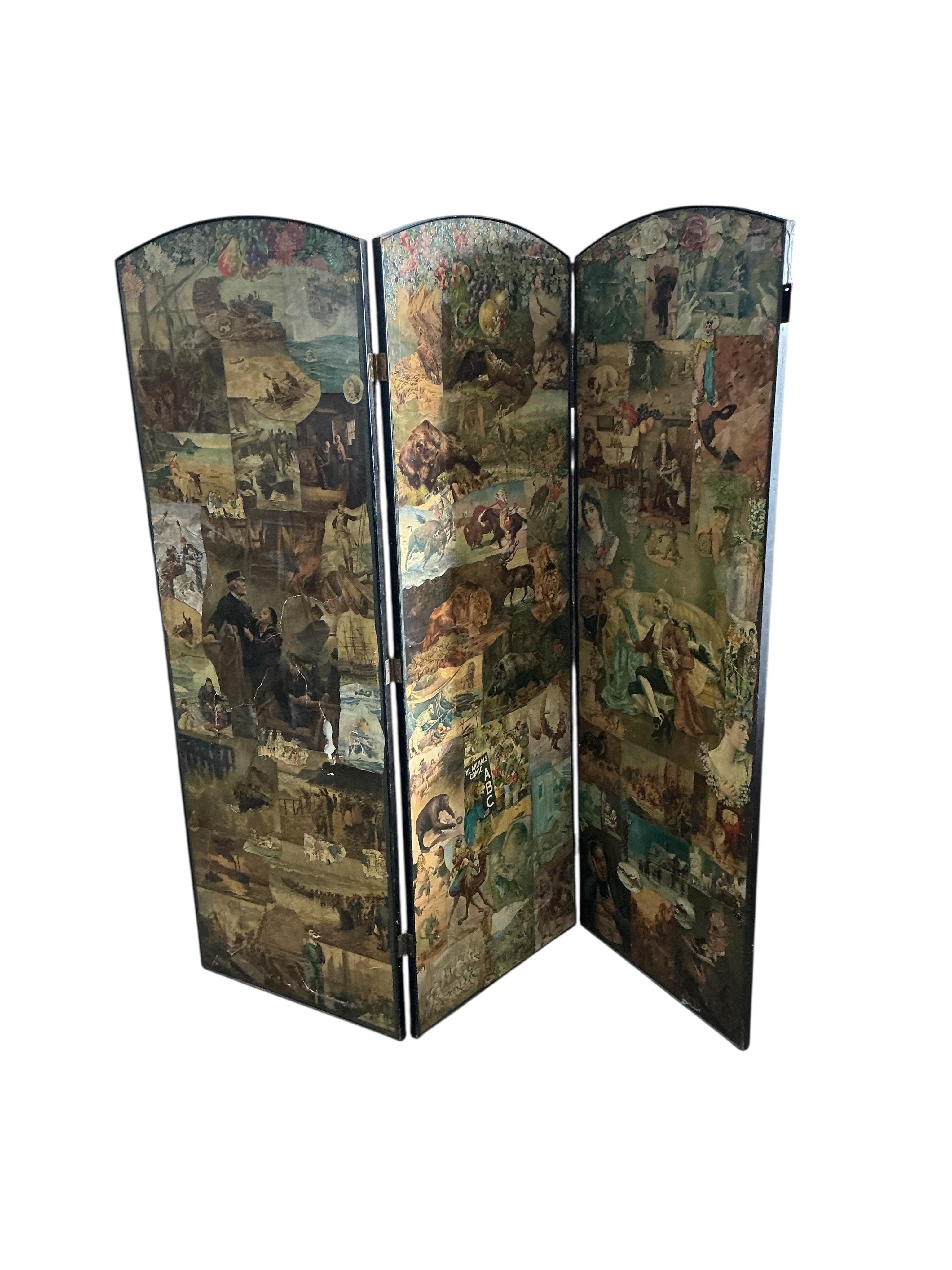 A Victorian three fold scrap work screen, each panel width 62cm, height 176cm